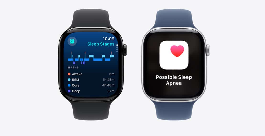 Two Apple Watches: one displays a sleep stages graph, the other shows a ‘Possible Sleep Apnea’ alert.