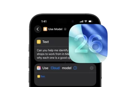 iPhone showing the Shortcuts app’s ‘Use Model’ action with sample text, overlaid by an iOS 26 icon.