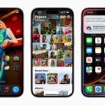 Three iPhones showing different iOS 18 home and Photos screens.