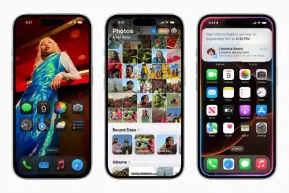 Three iPhones showing different iOS 18 home and Photos screens.