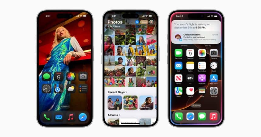 Three iPhones showing different iOS 18 home and Photos screens.