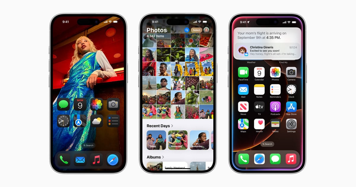 Three iPhones showing different iOS 18 home and Photos screens.