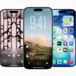 Five iPhones side by side showing iOS 26 screens: a chat thread, music player, lock screen with notifications, and home screens with widgets and apps.