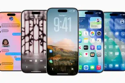 Five iPhones side by side showing iOS 26 screens: a chat thread, music player, lock screen with notifications, and home screens with widgets and apps.