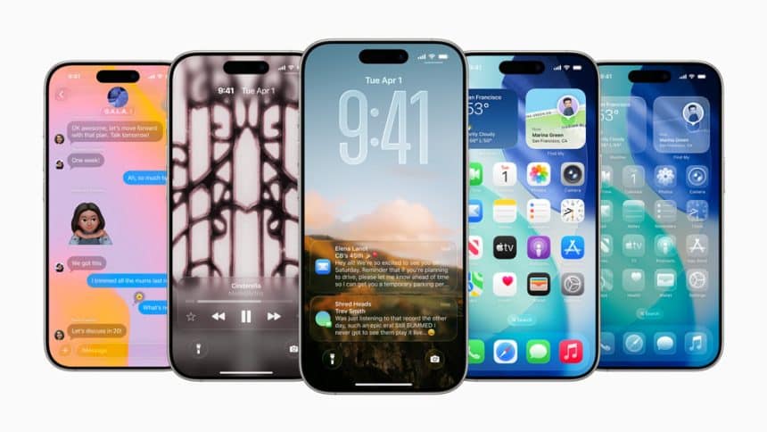 Five iPhones side by side showing iOS 26 screens: a chat thread, music player, lock screen with notifications, and home screens with widgets and apps.