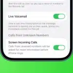 iPhone settings showing Live Voicemail and Screen Incoming Calls toggles enabled.