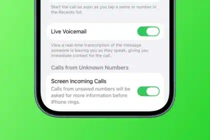 iPhone settings showing Live Voicemail and Screen Incoming Calls toggles enabled.
