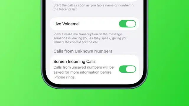 iPhone settings showing Live Voicemail and Screen Incoming Calls toggles enabled.
