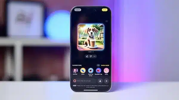 iPhone displaying the Image Playground app with an AI-generated puppy and ChatGPT style options below.