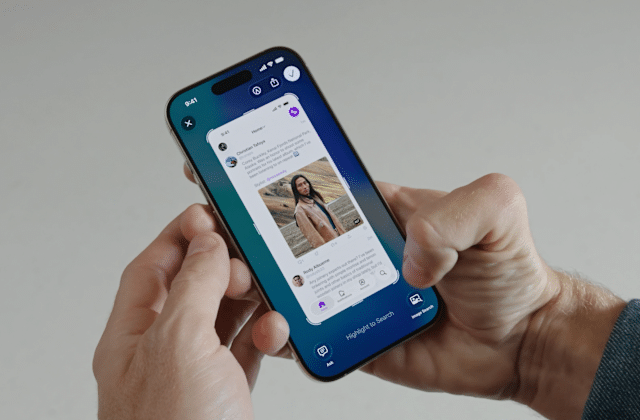 Hands holding an iPhone showing a screenshot preview with ‘Highlight to Search’ and AI action buttons.
