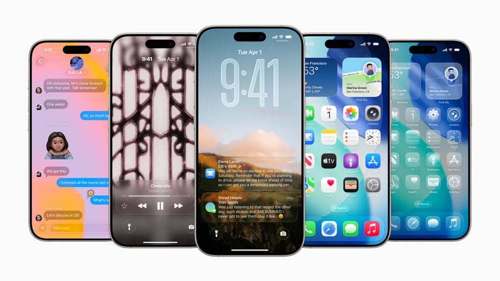 Five iPhones side by side showing iOS 26 screens: a chat thread, music player, lock screen with notifications, and home screens with widgets and apps.