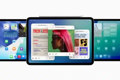 Three iPads displaying the new iPadOS 26 home screen, multitasking, and widgets.