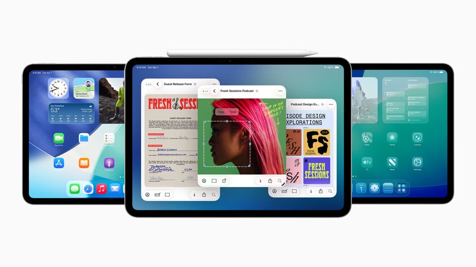 Three iPads displaying the new iPadOS 26 home screen, multitasking, and widgets.