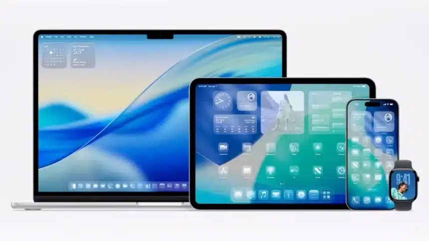 MacBook, iPad, iPhone, and Apple Watch side by side, each showing the new iOS and iPadOS 26 home screen.