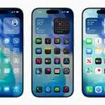 Three iPhones side by side showing iOS 26 home screens with different widget layouts and app icons.