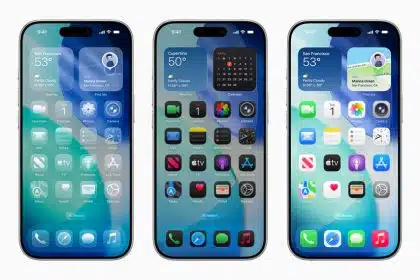 Three iPhones side by side showing iOS 26 home screens with different widget layouts and app icons.