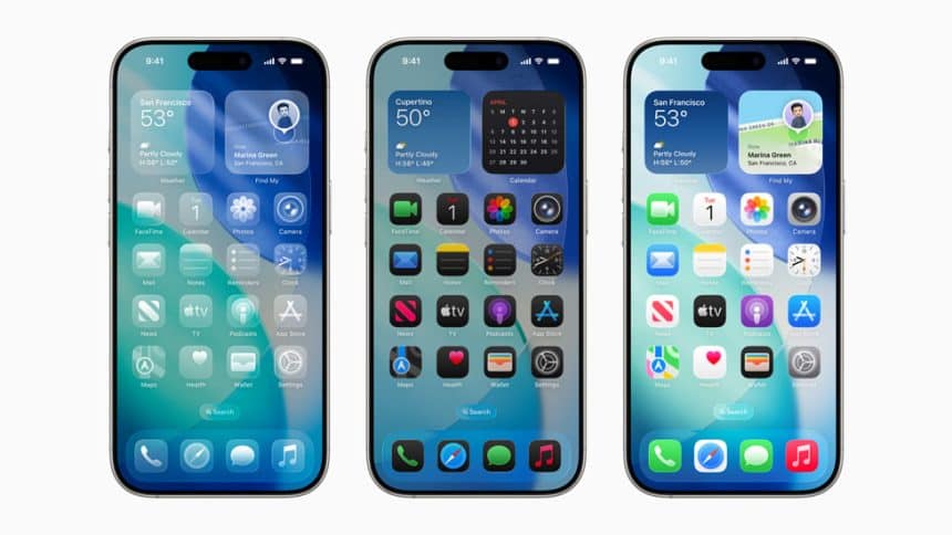 Three iPhones side by side showing iOS 26 home screens with different widget layouts and app icons.
