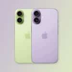 Two iPhones shown from the back in pastel green and pastel purple shades.