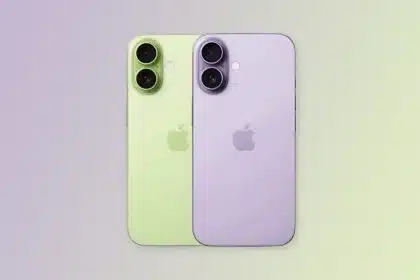 Two iPhones shown from the back in pastel green and pastel purple shades.