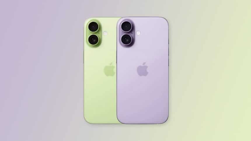 Two iPhones shown from the back in pastel green and pastel purple shades.