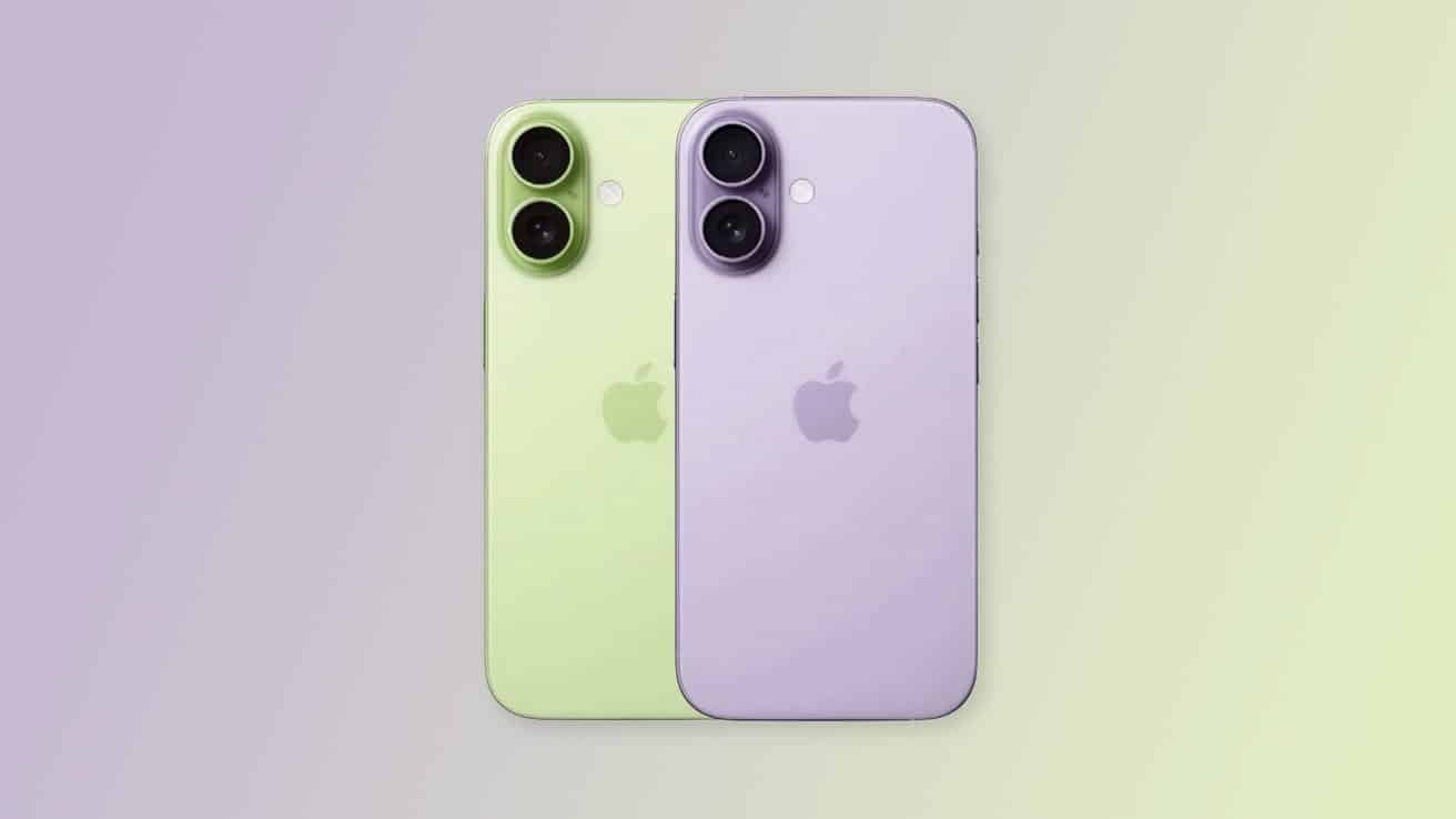 Two iPhones shown from the back in pastel green and pastel purple shades.