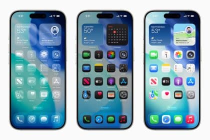 Three iPhones side by side displaying iOS 26 home screens with varying widgets and app icons.