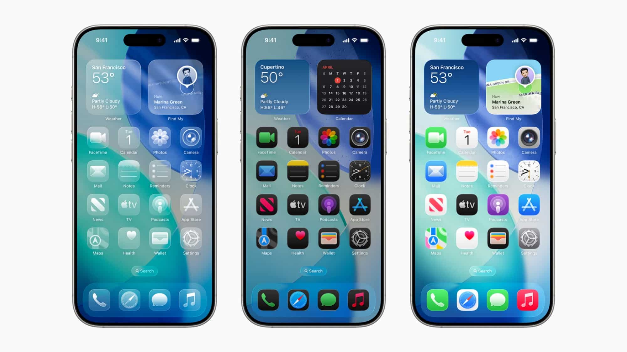 Three iPhones side by side displaying iOS 26 home screens with varying widgets and app icons.