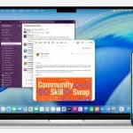 MacBook showing Slack and Mail windows with a ‘Summarize’ button, beside an iPhone displaying an Uber Eats delivery notification.