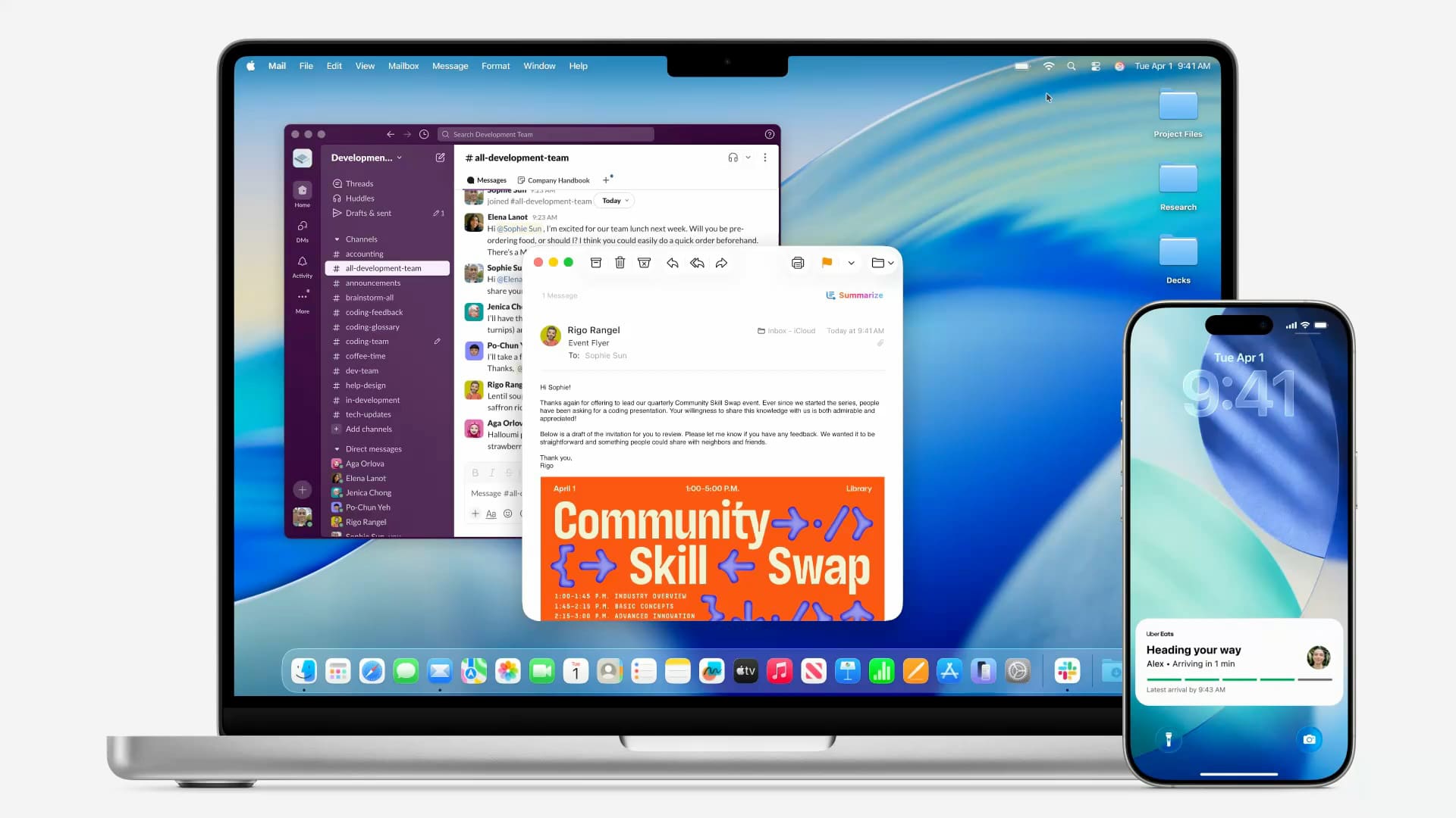 MacBook showing Slack and Mail windows with a ‘Summarize’ button, beside an iPhone displaying an Uber Eats delivery notification.