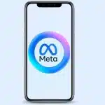 Smartphone screen displaying Meta logo with gradient circle on light blue background.