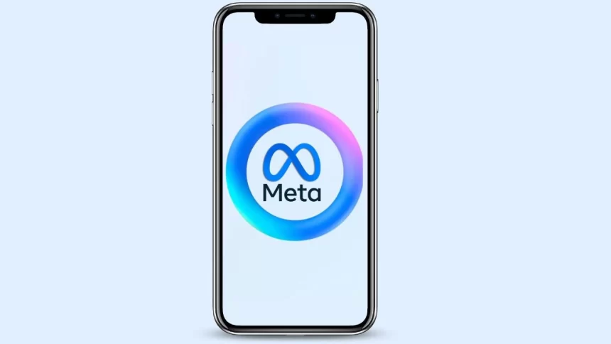 Smartphone screen displaying Meta logo with gradient circle on light blue background.