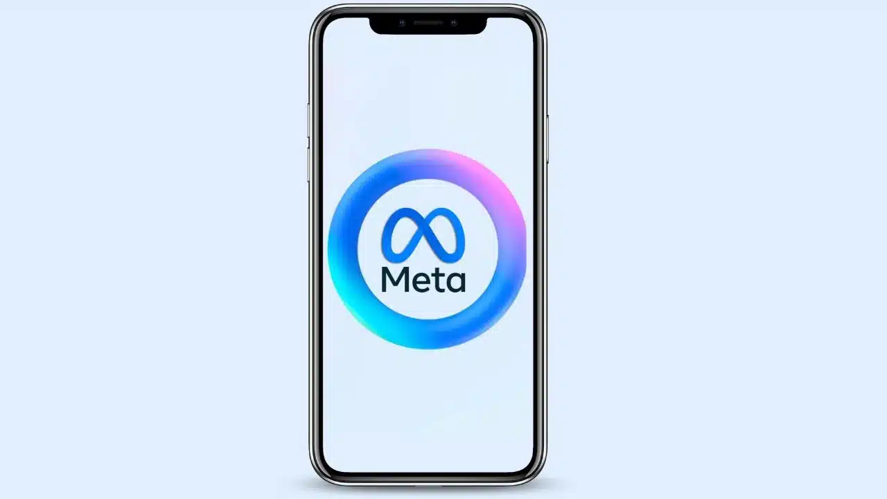 Smartphone screen displaying Meta logo with gradient circle on light blue background.