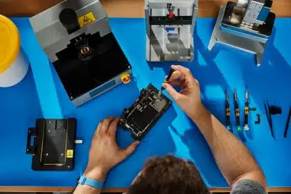 Technician repairing an iPhone on a workbench.