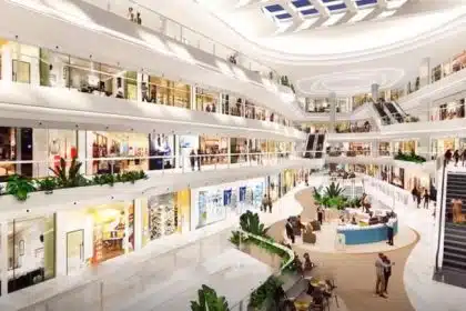 Interior of Mumbai’s Sky City Mall with multiple shop levels and escalators.