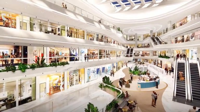 Interior of Mumbai’s Sky City Mall with multiple shop levels and escalators.