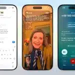 Three iPhones showing live translation in Messages, FaceTime, and Phone call interfaces.