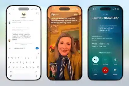 Three iPhones showing live translation in Messages, FaceTime, and Phone call interfaces.