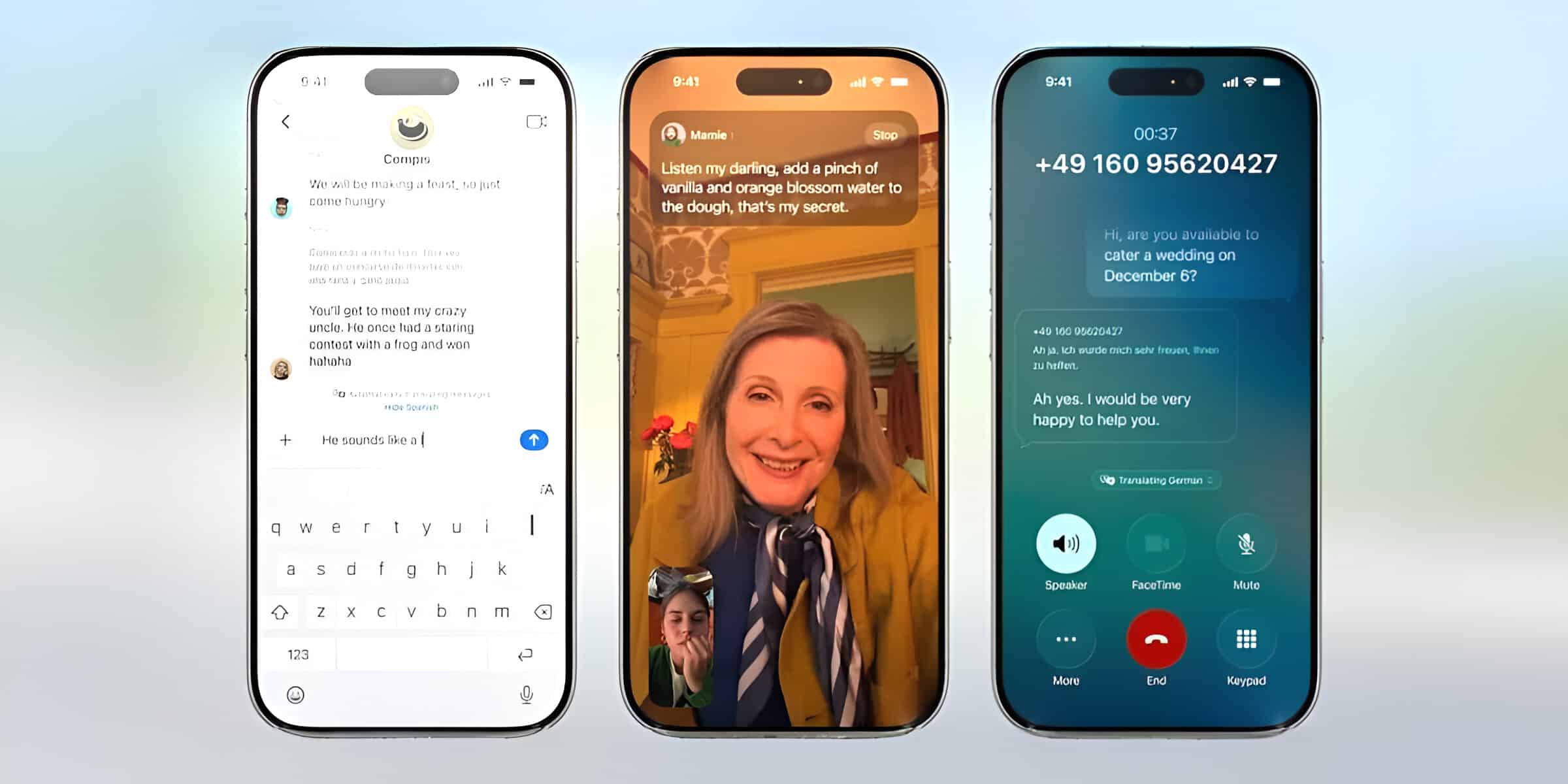 Three iPhones showing live translation in Messages, FaceTime, and Phone call interfaces.