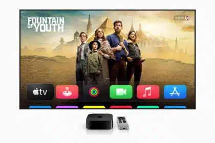 Apple TV home screen showing ‘Fountain of Youth’ banner above app icons, with Apple TV 4K box and Siri Remote below.