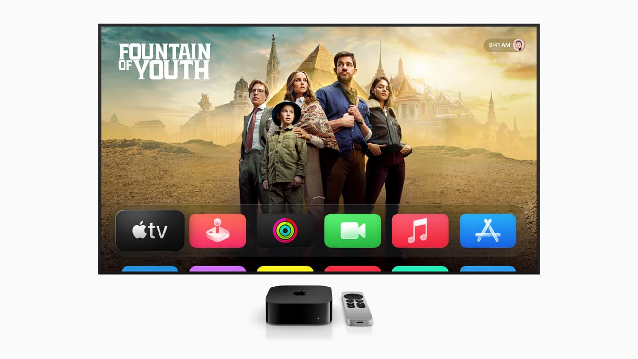 Apple TV home screen showing ‘Fountain of Youth’ banner above app icons, with Apple TV 4K box and Siri Remote below.
