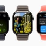 Three Apple Watches showing the new watchOS 26 Outdoor Run app, a photo watch face, and Messages screen.