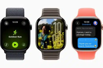Three Apple Watches showing the new watchOS 26 Outdoor Run app, a photo watch face, and Messages screen.