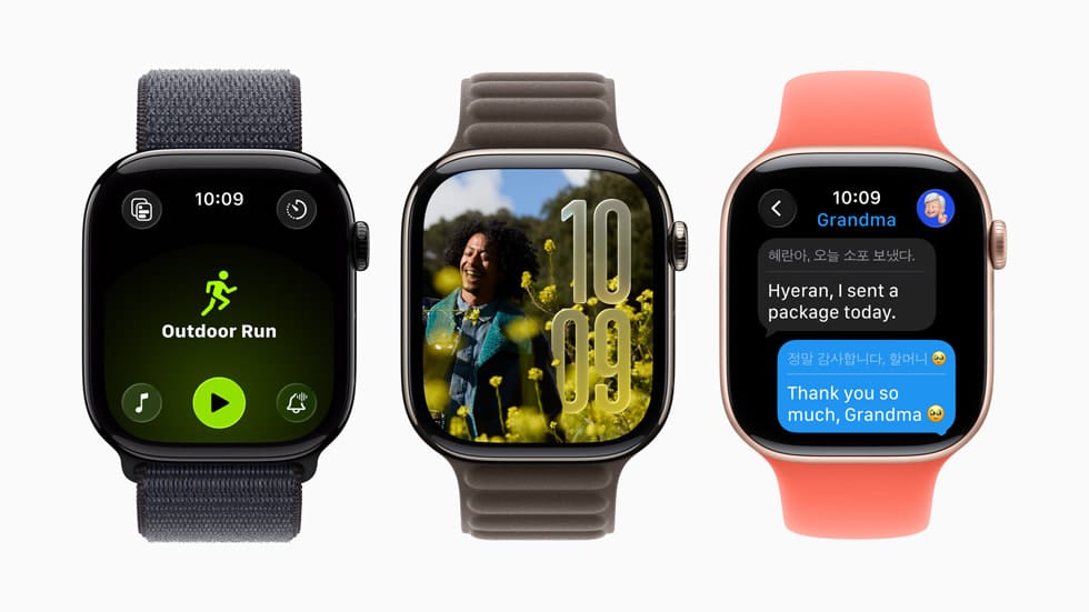 Three Apple Watches showing the new watchOS 26 Outdoor Run app, a photo watch face, and Messages screen.