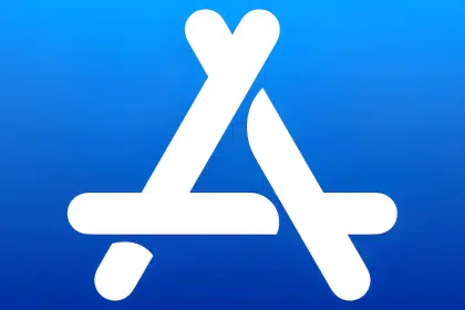 App Store logo on a blue gradient background.