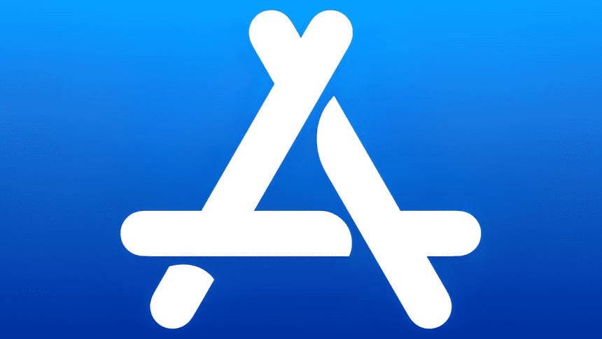 App Store logo on a blue gradient background.