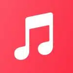 White music note icon on a red Apple Music background.