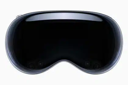 Close-up view of the front of the Apple Vision Pro headset.