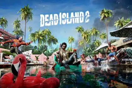 Dead Island 2 game artwork showing a survivor in a pool surrounded by zombies.