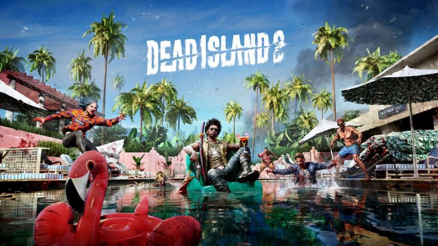 Dead Island 2 game artwork showing a survivor in a pool surrounded by zombies.