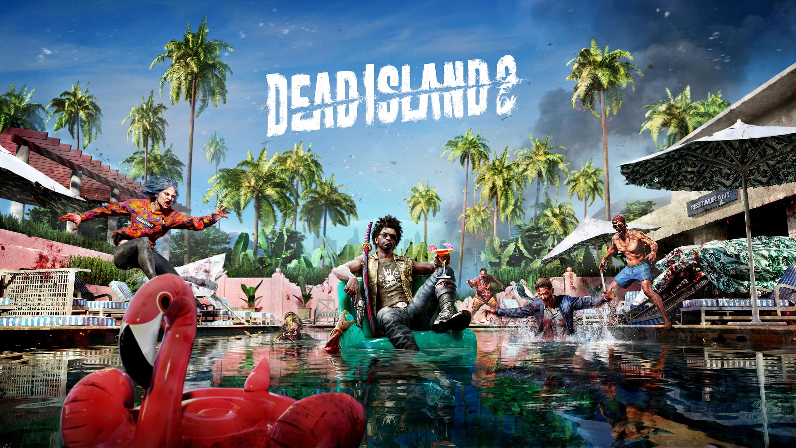 Dead Island 2 game artwork showing a survivor in a pool surrounded by zombies.